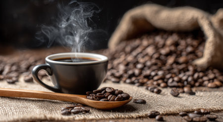 Steaming black coffee in a cup with roasted beans on a spoon and a sack of coffeeの素材