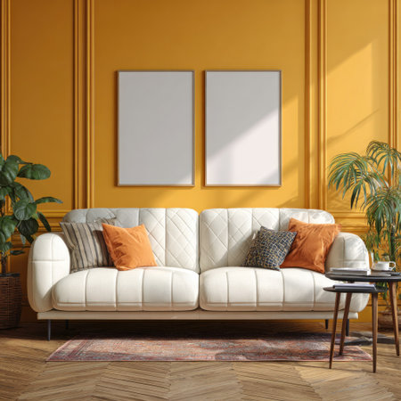 Sunny interior with a white sofa, blank framed art, and decorative plantsの素材