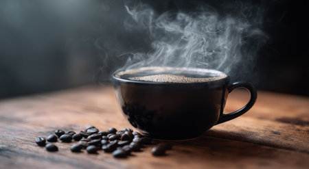 Steaming black coffee in a mug, beans on a wooden table, against a dark backdropの素材