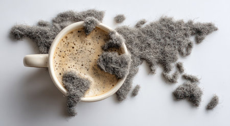 Coffee cup with continents formed by fibrous material, on a white surfaceの素材