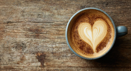 A latte with heart-shaped foam art rests in a blue mug atop a weathered wooden surfaceの素材