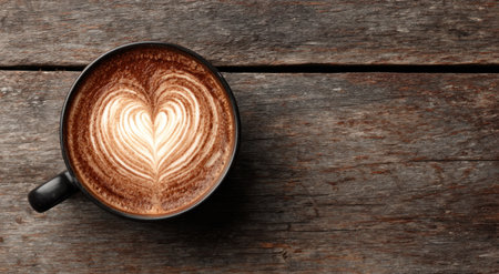 Overhead view of coffee with latte art heart in black mug on aged, wooden planksの素材
