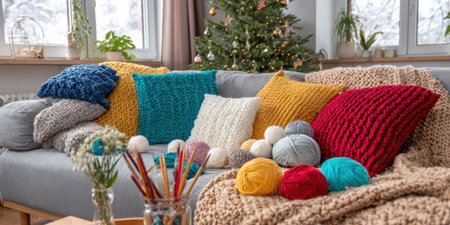 Cozy living room scene with textured pillows, yarn, and knitting needles; Christmas tree in the backgroundの素材