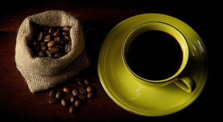 Coffee beans in burlap bag beside a cup of dark coffee on a yellow saucerの素材