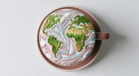 Earth-shaped confection floats in a cup, mimicking continents &amp; oceansの素材