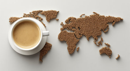 Coffee cup sits beside coffee grounds sculpted into a world map, on a white surfaceの素材