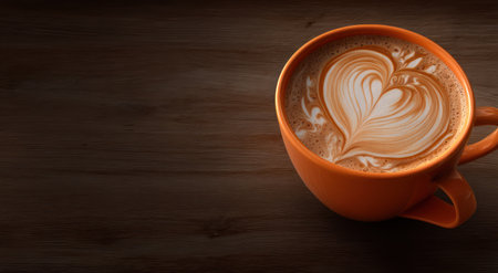 An orange mug of coffee with latte art in a heart shape on a brown wood surfaceの素材