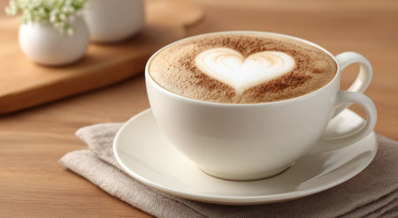 A cappuccino with heart-shaped latte art, set on a wooden surface with floralsの素材