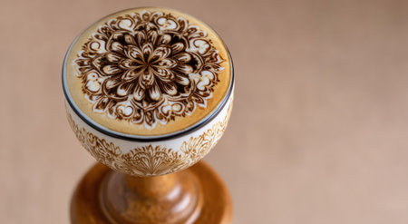 Intricate coffee art in a decorative cup, set on a wooden base. Overhead viewの素材