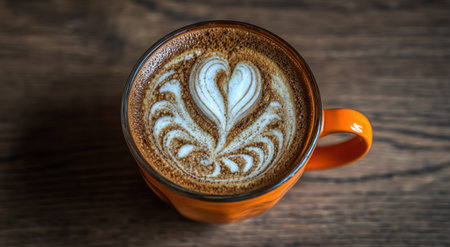 Latte in orange mug, top-down view; intricate heart-and-leaf design on a wooden surfaceの素材