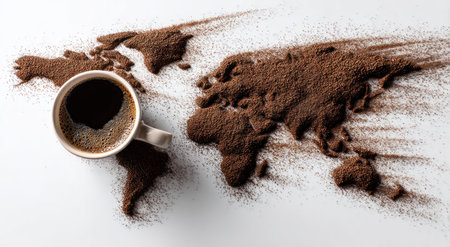Coffee-filled cup by a brown coffee powder world map on whiteの素材