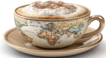 A cappuccino in a mug decorated with a world map sits on a saucerの素材