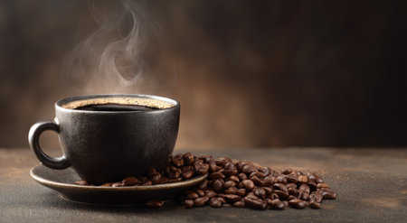 A steaming cup of dark coffee sits on a saucer next to a pile of coffee beansの素材