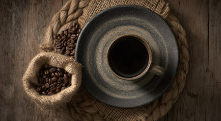 Coffee cup on rustic plate, with beans in a burlap sack and scattered beside itの素材