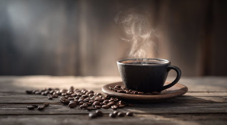 Steaming black coffee in a rustic cup on a wooden saucer with scattered beansの素材