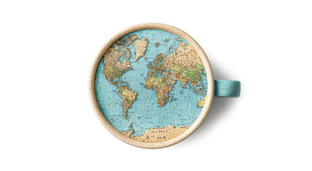 A world map fills a coffee mug&#39;s interior, isolated on whiteの素材