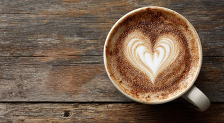 A heart-shaped latte art design sits atop coffee in a white mug on a wooden tableの素材