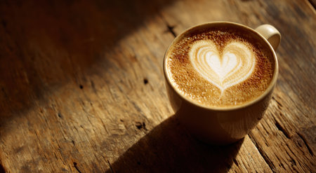 Close-up of coffee with heart-shaped latte art, on a rustic wooden table, basking in sunlightの素材