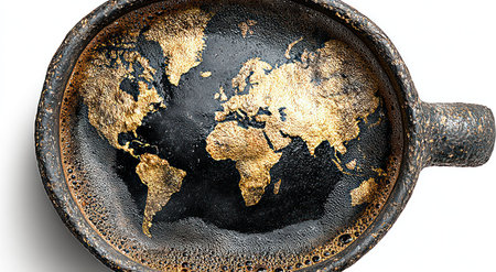 Coffee mug shaped as a globe, world map created from foam inside the beverageの素材