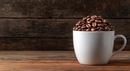 A white mug overflows with roasted coffee beans, set against a rustic wooden backdropの素材