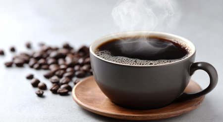 A steaming dark coffee in a brown mug sits with scattered roasted beans on a surfaceの素材