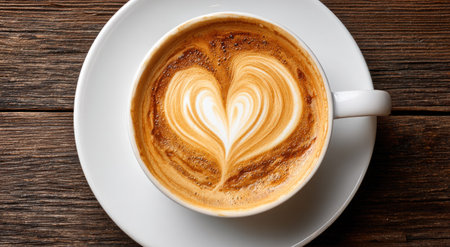 Overhead view of cappuccino in a white cup with latte art heart on a wooden tableの素材