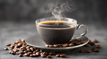 Steaming black coffee in a glass cup on a saucer with roasted beansの素材