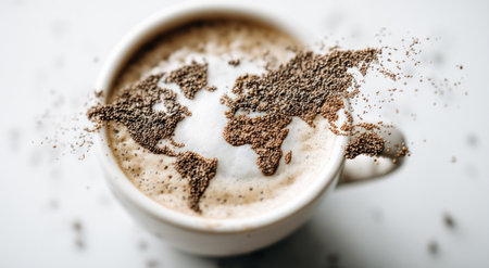 Coffee cup holds map of world continents, sprinkled with grounds. Aerial viewの素材