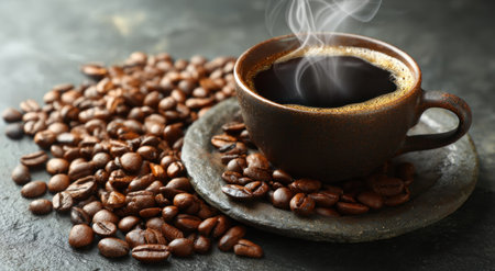 Steaming black coffee in a brown cup, sits on a saucer surrounded by coffee beansの素材