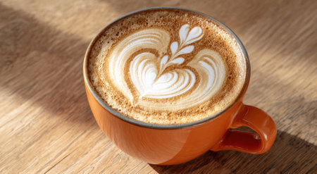 Close-up of coffee with milk art in an orange mug on a wooden surface, light shiningの素材