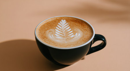 Close-up of a latte in a dark mug with leaf art on a peach-colored backdropの素材