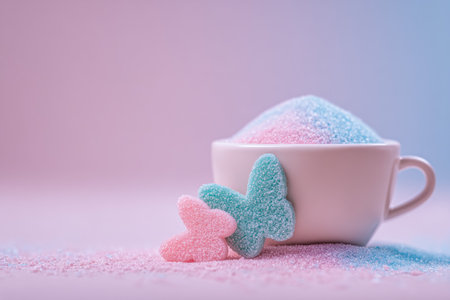 A sugary cup spills pink and blue granules next to gummy butterflies, on a pastel backdropの素材