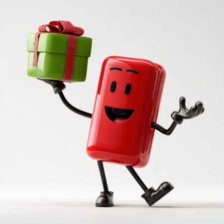 Cartoonish red character with a gift box, arms and legs, smiling, against white backgroundの素材