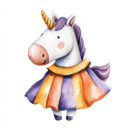 A charming watercolor unicorn with a golden horn and colorful tutuの素材