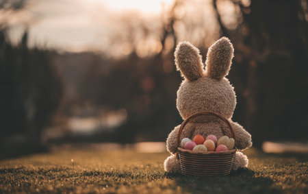 Soft toy bunny sits in grass, holding a basket of colored eggs, bathed in sunlightの素材