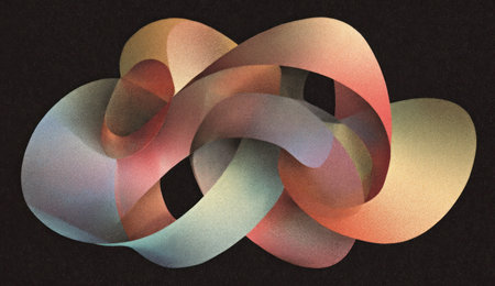 Abstract looping ribbons in pastel hues, rendered with depth against a dark backgroundの素材