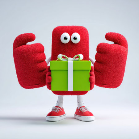 Red character with big boxing glove hands holding a green gift box. Simple cartoon styleの素材