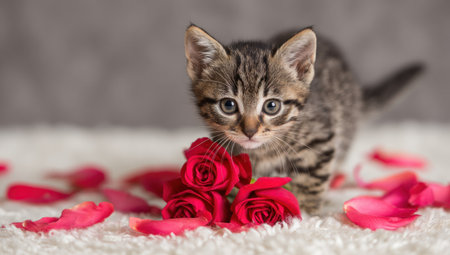 Adorable tabby kitten with large eyes sniffs vibrant red roses on a fluffy white surfaceの素材