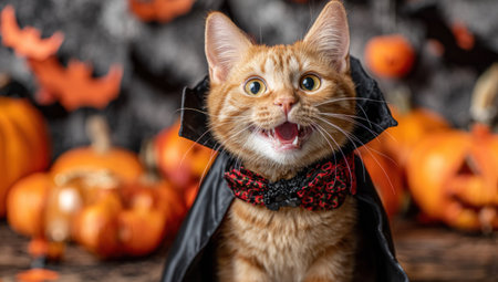 Ginger cat dressed as vampire smiles in front of pumpkins and Halloween decorationsの素材