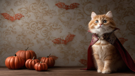 A fluffy orange cat in a cape sits before pumpkins and bat decorationsの素材
