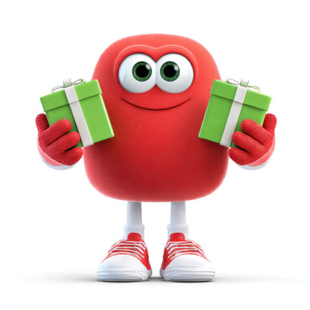 A cheerful red character with big eyes holds two green gift boxes. White backgroundの素材