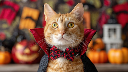 A ginger cat in a vampire costume, with Halloween decorations in the blurry backgroundの素材
