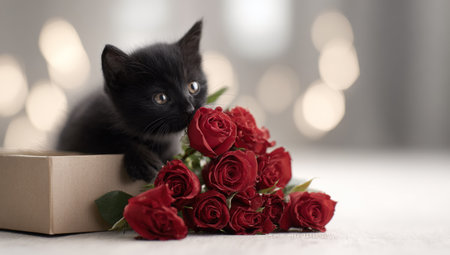 A black kitten sniffs a bouquet of red roses, inside a box with bokeh backgroundの素材