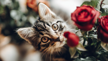 A curious kitten sniffs a red rose in a close-up, gazing with wide eyesの素材