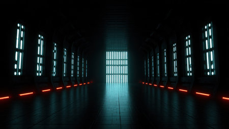 Futuristic, dark corridor with symmetrical neon lighting, leading to a bright, barred openingの素材