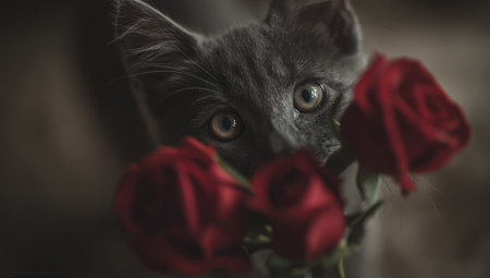 Gray kitten peeks from behind vibrant red roses, focusing with bright eyesの素材