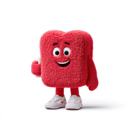 A smiling, fluffy red figure with square body, round eyes, and sneakersの素材