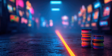Neon-lit futuristic cityscape, with stacks of colorful disks, a glowing line guides through the pathの素材