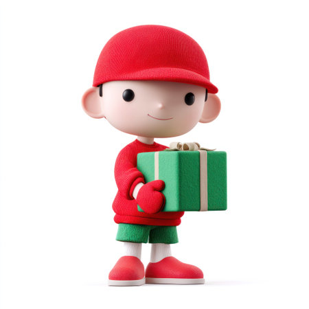 Cartoon child in red outfit holding a green gift box, isolated on white backgroundの素材
