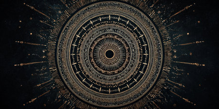 Concentric, ornate circles with gilded accents radiate from a central dark voidの素材